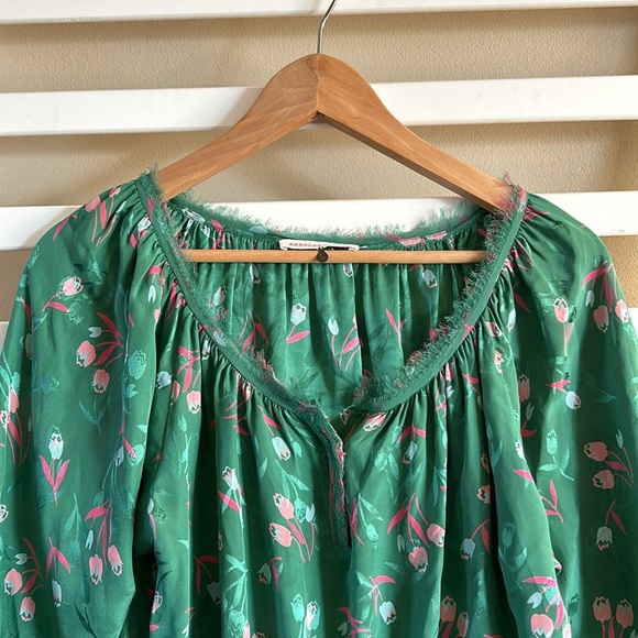 Rebecca Taylor Size 6 Green Floral 100% Silk Long Sleeve Tie Waist Blouse - Picture 3 of 11